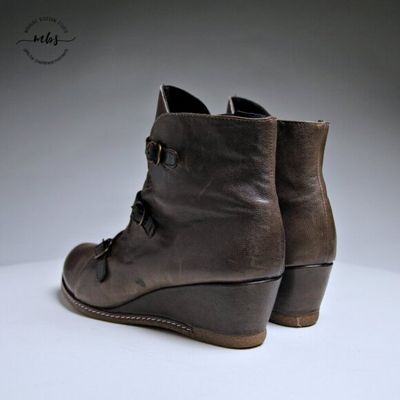 Eric Michael Lena Leather Buckles Side Zip Wedge Booties - Picture 6 of 16